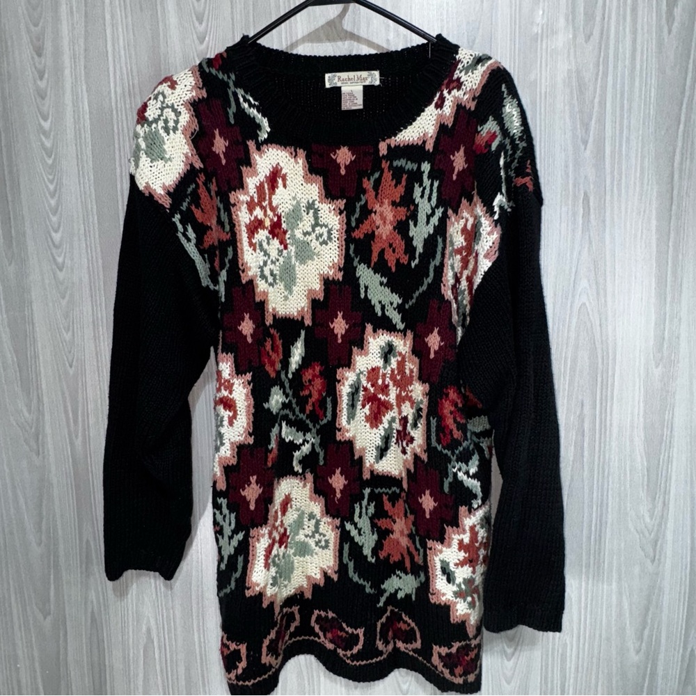Vintage Rachel Max Multicolored Dark Floral Hand knit Tunic Sweater Sz L‎